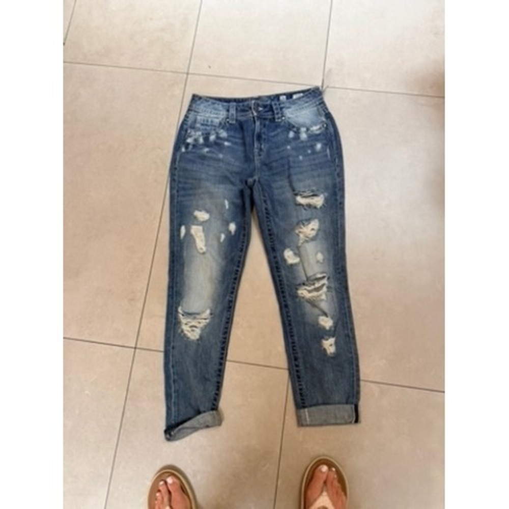 Miss Me Boyfriend Ankle Jeans 26 Blue Distressed Ripped Bleach Y2K Indie Sleaze